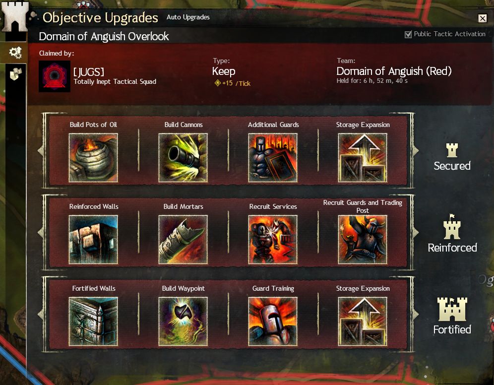 WvW Keep upgrade panel showing automatic upgrade progression